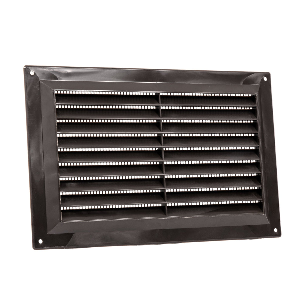 Brown louvred vent with fixed flyscreen, 229mm x 152mm, close up of angled slats