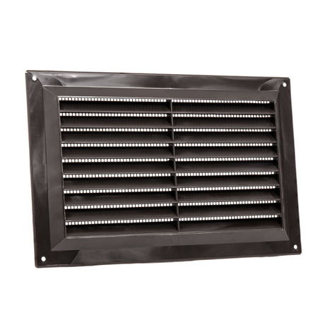 Brown louvred vent with fixed flyscreen, 229mm x 152mm, close up of angled slats