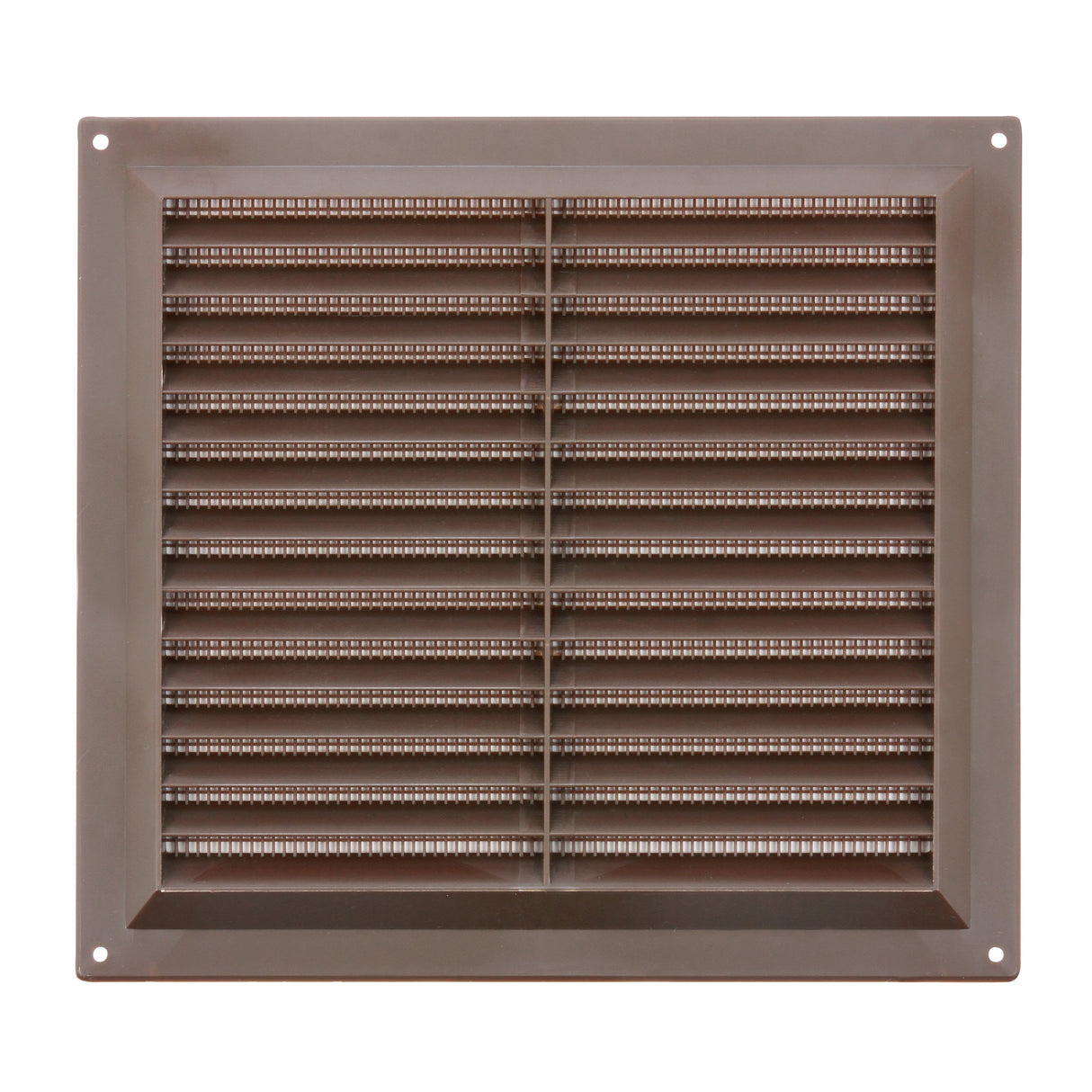 Brown louvred vent with fixed flyscreen, 9 x 9 inch, front view of angled slats