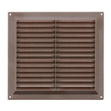 Brown louvred vent with fixed flyscreen, 9 x 9 inch, front view of angled slats