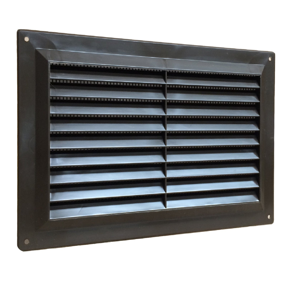 Brown 9 x 6 inch plastic louvre air vent grille with flyscreen cover for a double brick course opening