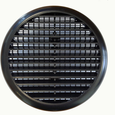 Black round louvre vent cover with angled slats and integrated flyscreen, 165mm diameter