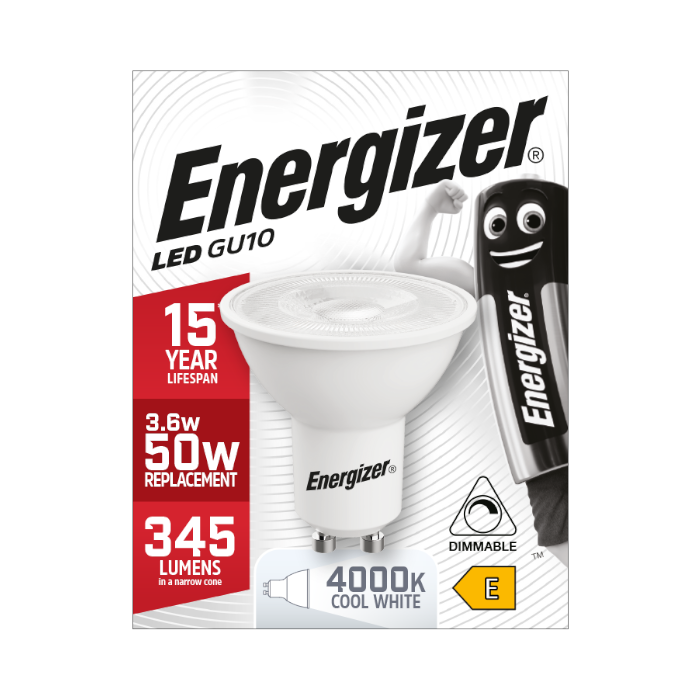 Energizer 3.6W GU10 LED dimmable bulb, retail packaging front