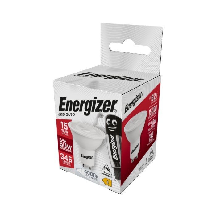 Energizer 3.6W GU10 LED dimmable bulb, retail packaging side panel with specs
