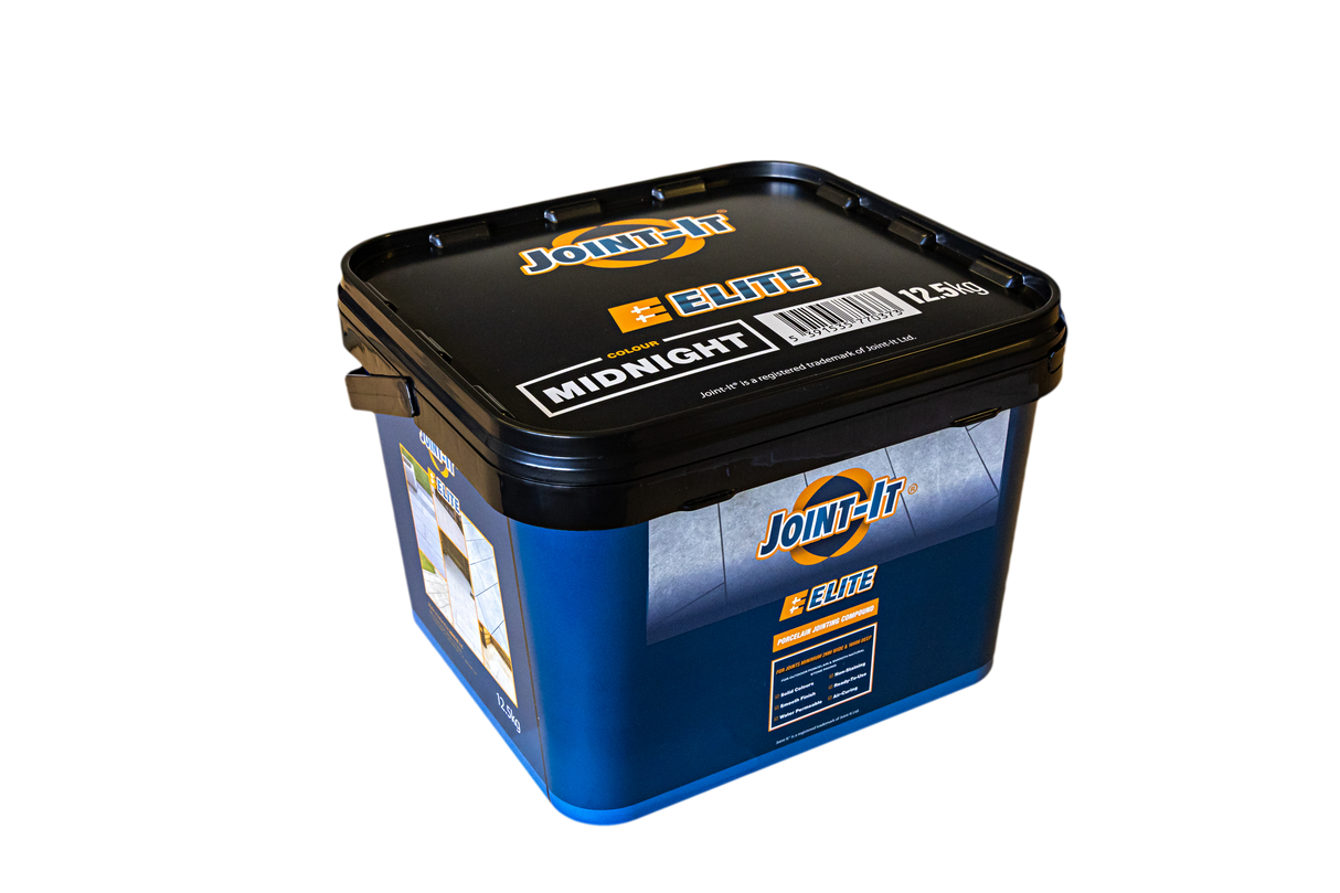 Angled view of the Joint-It Elite Midnight jointing compound bucket showing the dark charcoal grout colour for porcelain and stone paving