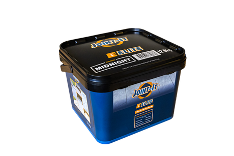Angled view of the Joint-It Elite Midnight jointing compound bucket showing the dark charcoal grout colour for porcelain and stone paving
