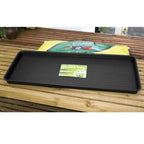 Garland Grow Bag Tray in black plastic, 100 x 40cm, made in the UK from recycled plastic, used as a growbag tray and gravel tray on greenhouse staging or a patio.