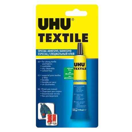 UHU Textile Glue 19ml tube close-up of label