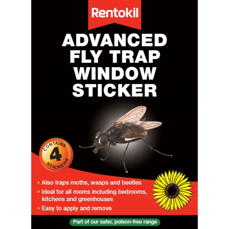Rentokil Advanced Fly Trap window sticker applied to glass catching flies indoors