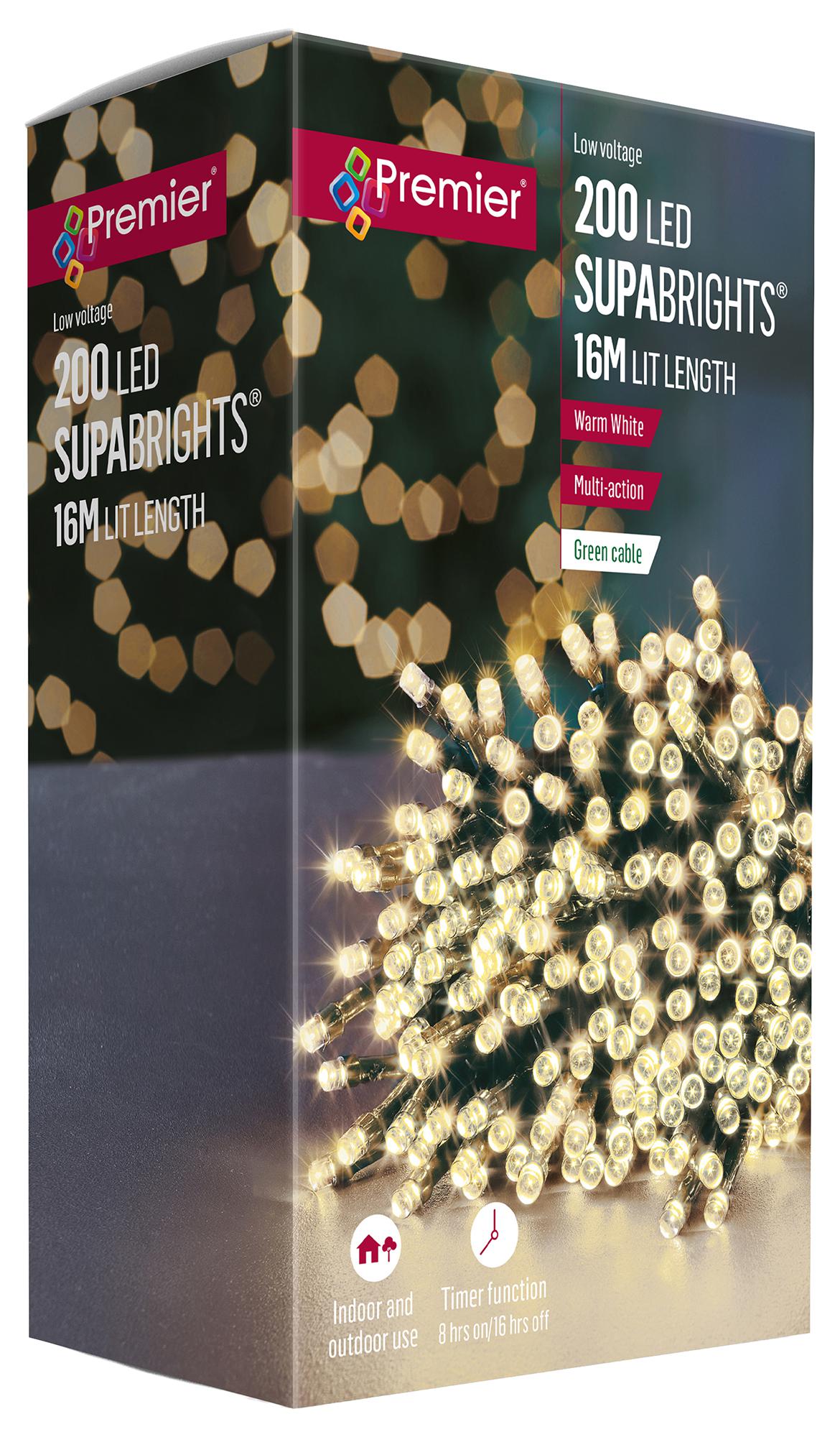 Premier 200 LED Multi Action Supabrights With Timer - Warm White/Green Cable