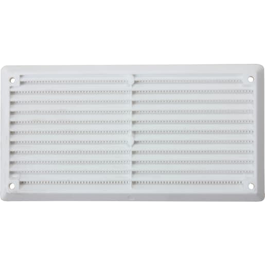 White plastic louvre vent with fixed flyscreen, 6 x 3 inch, product photo on white background