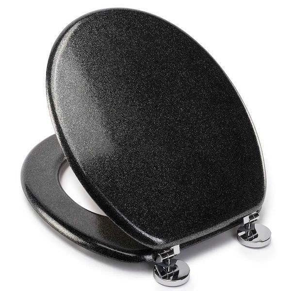 Croydex Quartz Black toilet seat, seat lifted showing quartz-effect underside