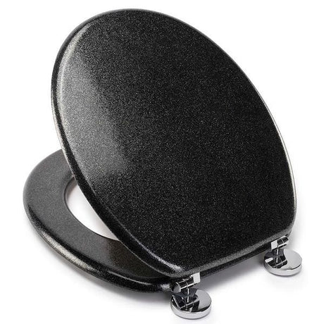 Croydex Quartz Black toilet seat, seat lifted showing quartz-effect underside