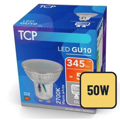 TCP LED GU10 glass bulb, 345 lumen, 2700K warm white, twist and lock base