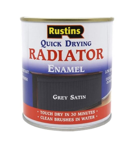 Rustins Quick Dry Radiator Paint Grey Satin 250ml tin front label