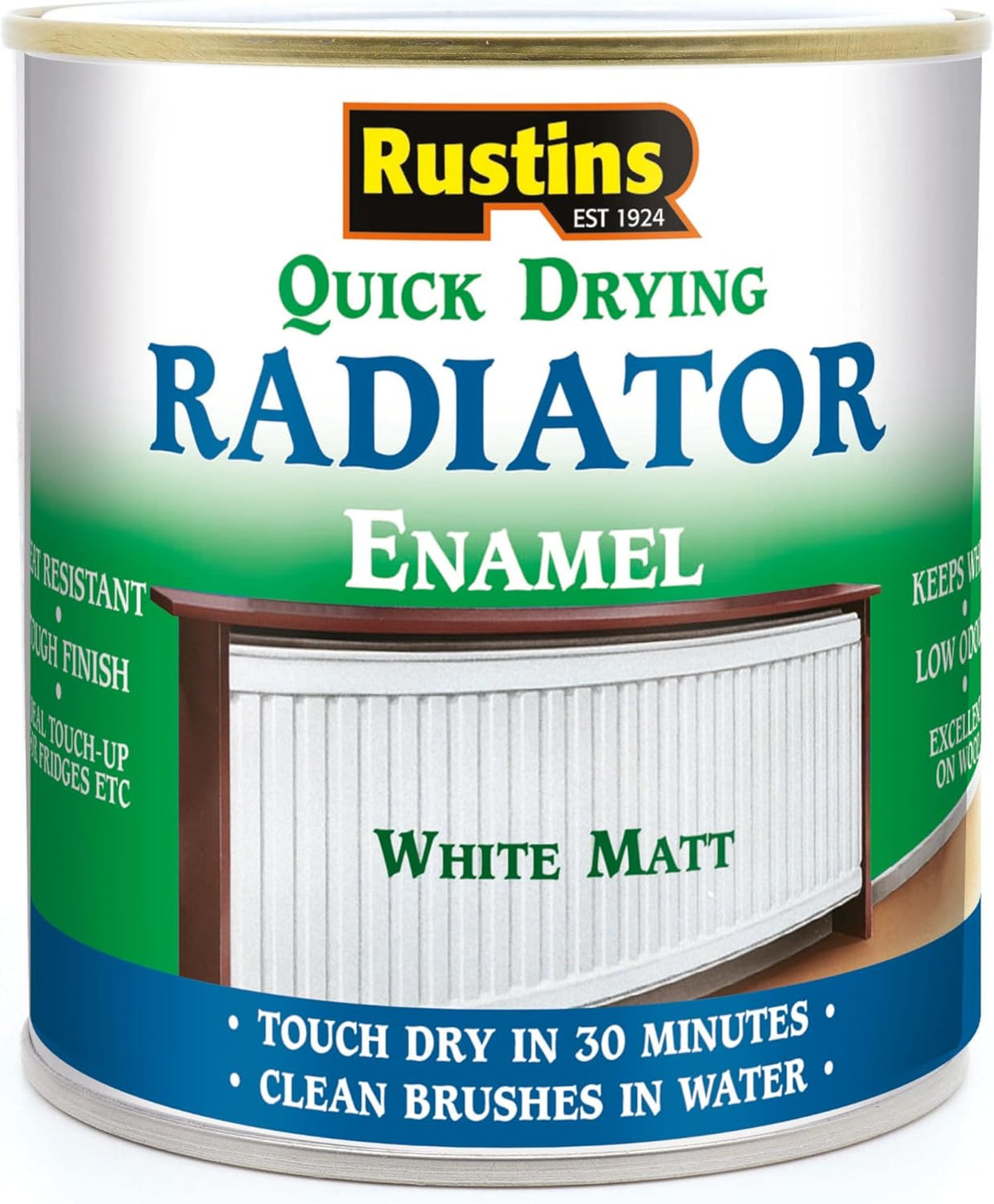 Rustins Quick Dry Radiator Paint White Matt 500ml tin front label