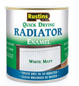 Rustins Quick Dry Radiator Paint White Matt 250ml tin front label