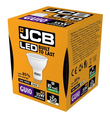 JCB 3W GU10 LED bulb, 250 lumen, 4000K cool white, wide beam