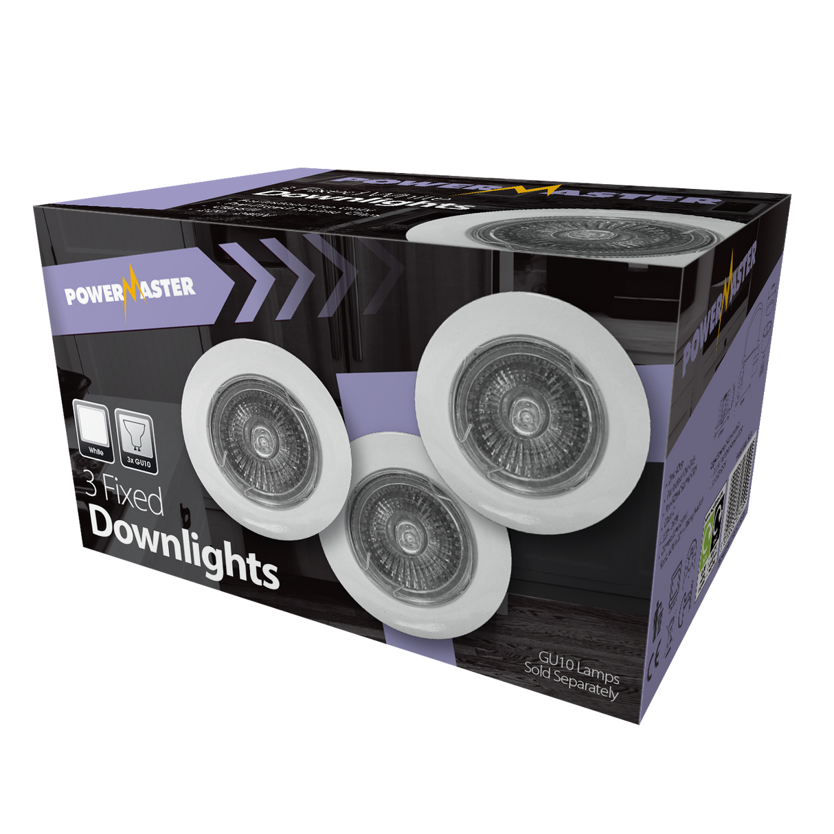 Powermaster fixed GU10 downlight fitting, white finish, product photo