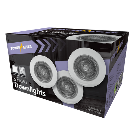 Powermaster fixed GU10 downlight fitting, white finish, product photo