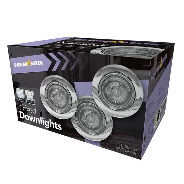 Powermaster fixed GU10 downlight fitting, chrome finish, product photo