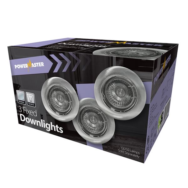 Powermaster fixed GU10 downlight fitting, brushed chrome finish, product photo