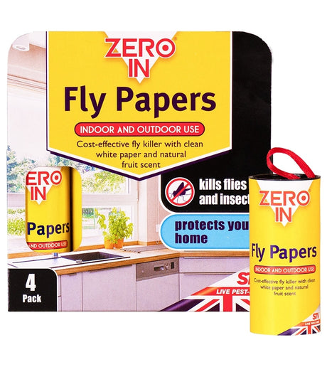 Zero In Fly Papers 4 pack, alternate product packaging photo showing the sticky fly trap pack