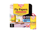 Zero In Fly Papers 4 pack retail packaging for indoor and outdoor fly control