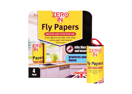 Zero In Fly Papers 4 pack retail packaging for indoor and outdoor fly control