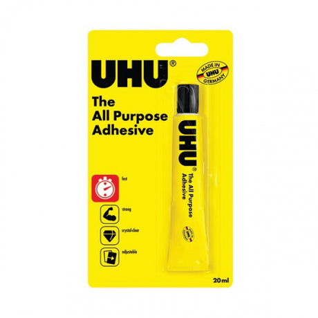 UHU All Purpose Adhesive 20ml tube and blister card angled view