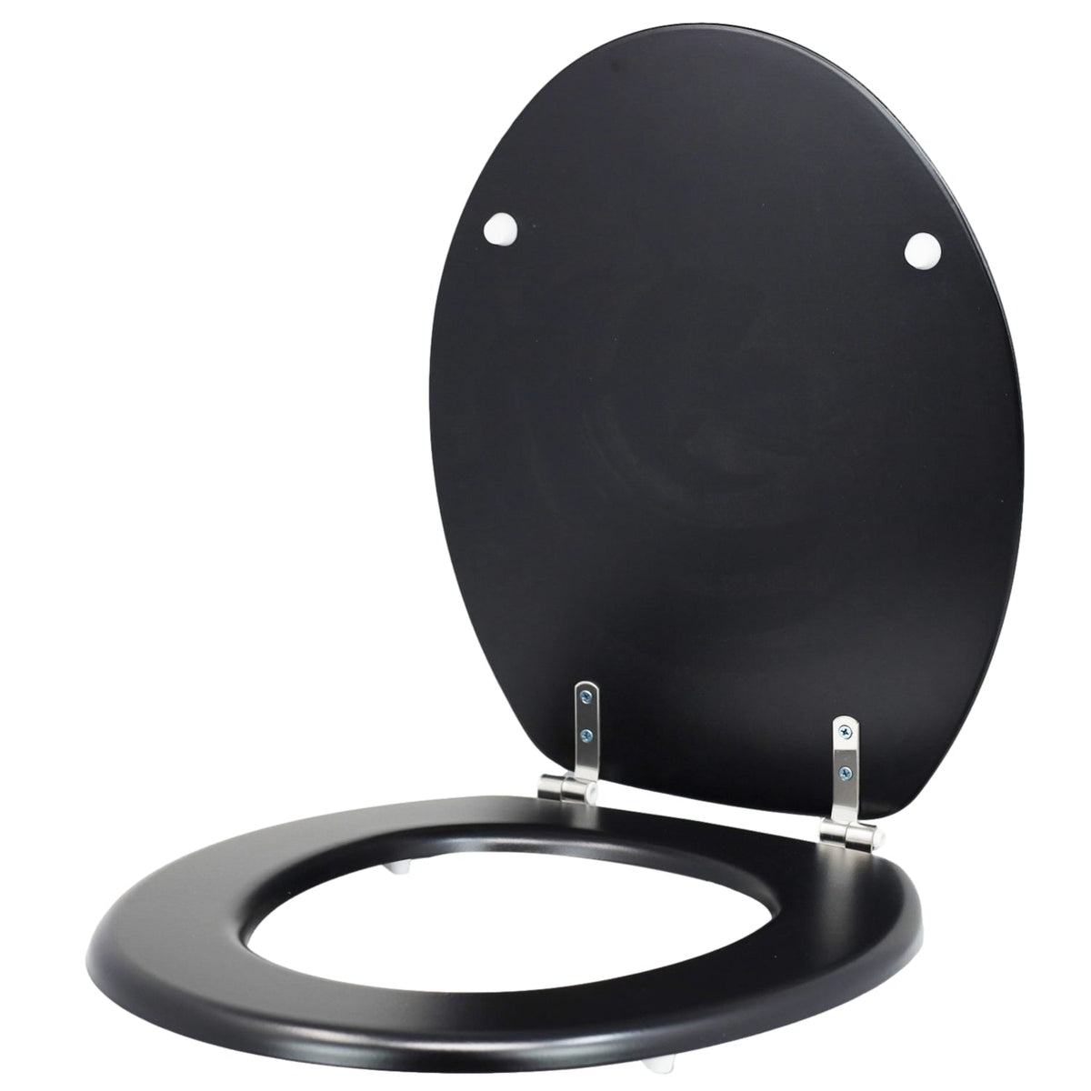 Blue Canyon Hampton black MDF toilet seat showing stainless steel hinges