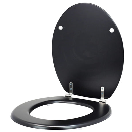 Blue Canyon Hampton black MDF toilet seat showing stainless steel hinges