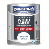Johnstone's Brilliant White Non Drip Gloss paint tin 750ml, quick dry formula