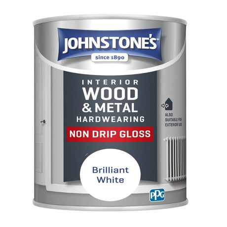 Johnstone's Brilliant White Non Drip Gloss paint tin 750ml, quick dry formula