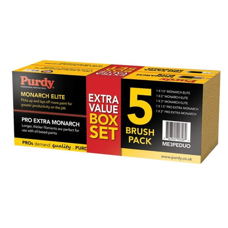 Close up of Purdy Monarch Elite and Pro Extra brush bristles in the 5 piece set