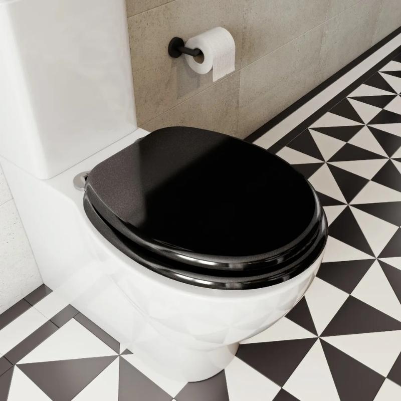 Croydex Flexi-Fix Quartz Black toilet seat, closed lid angled view