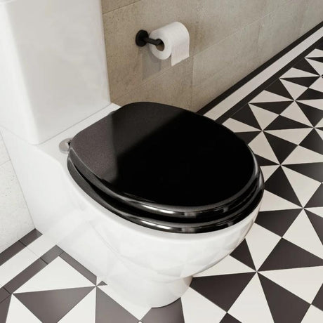 Croydex Flexi-Fix Quartz Black toilet seat, closed lid angled view