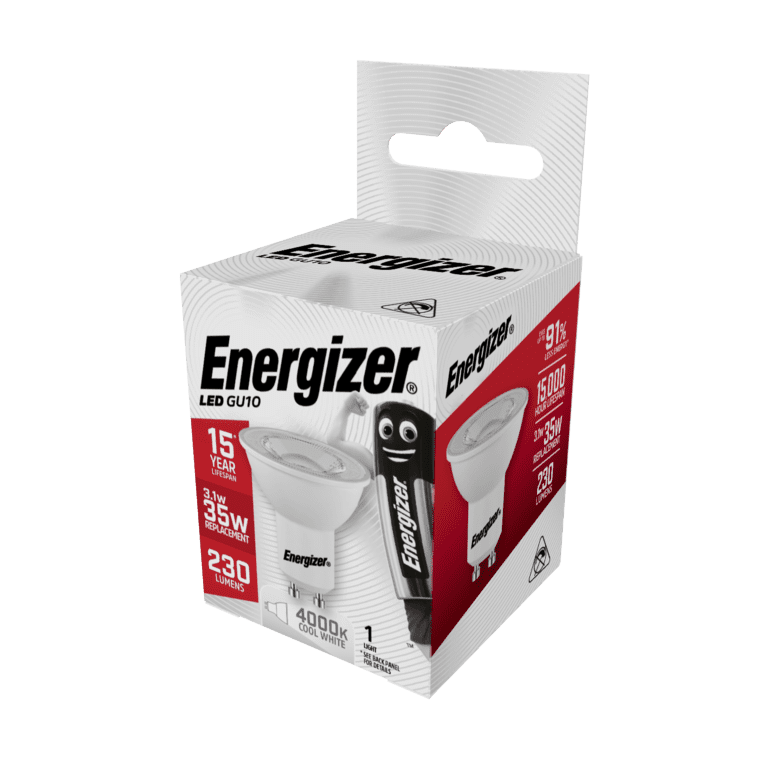 Energizer LED GU10 bulb packaging, 3.1W 230lm