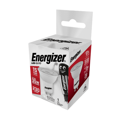Energizer LED GU10 bulb packaging, 3.1W 230lm