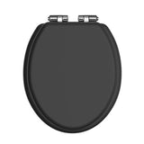 Black toilet seat with chrome-plated hinge fittings, close-up detail