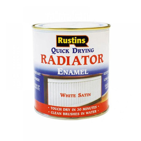 Rustins White Satin radiator enamel paint 500ml tin