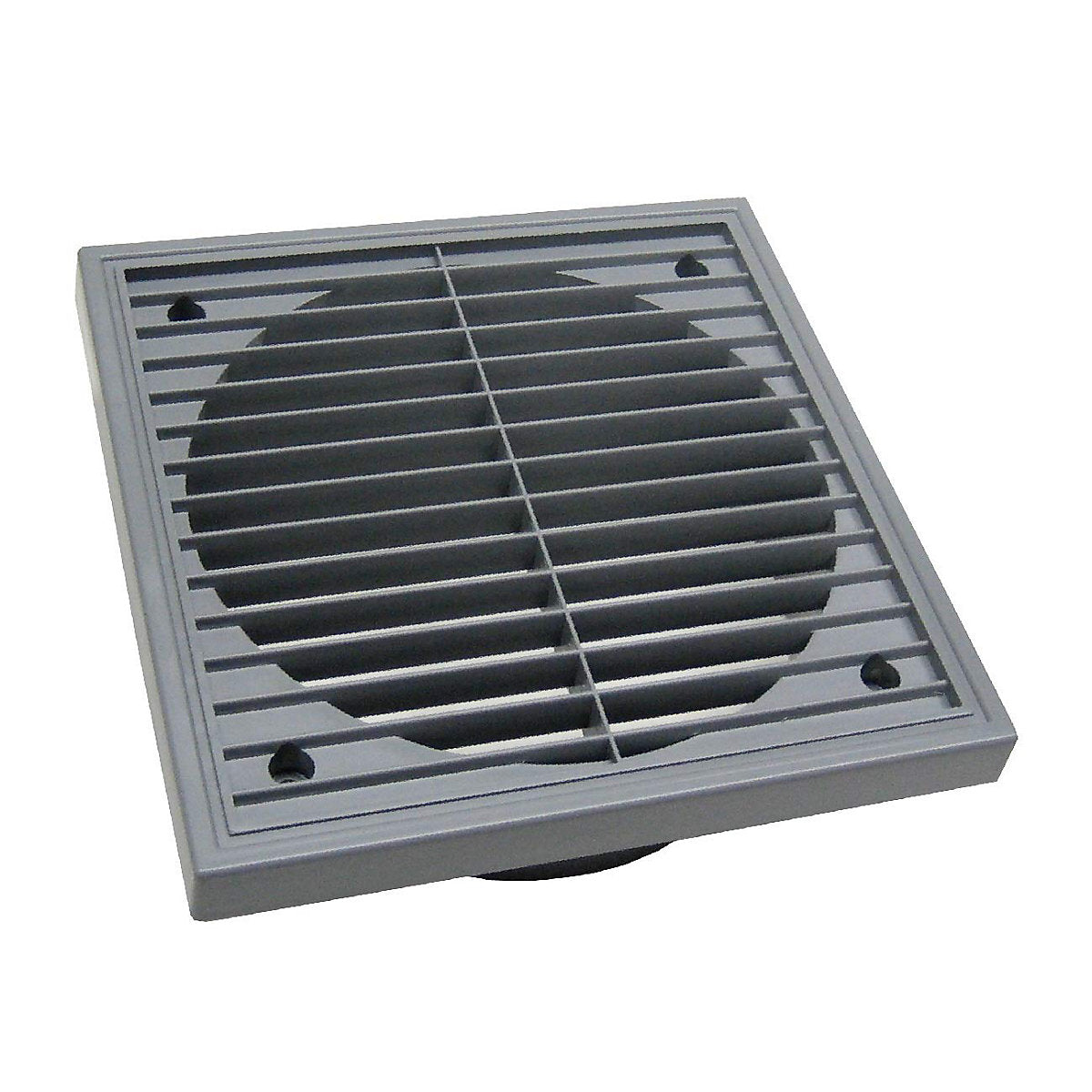 Grey 150mm louvred extractor duct grille mounted on an external wall, showing the angled louvre slats and outer flange