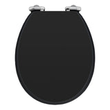 Black MDF toilet seat with chrome hinges, similar style to SupaHome Deluxe seat