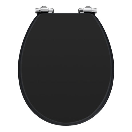 Black MDF toilet seat with chrome hinges, similar style to SupaHome Deluxe seat