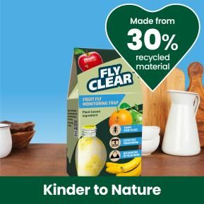Fly Clear Fruit Fly Trap pack showing usage instructions and plant-based ingredient information