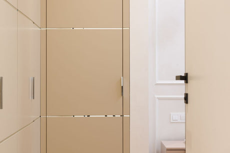 Beige doors and wardrobe in a contemporary hallway, a fitting match for Dulux Easycare Matt Egyptian Cotton