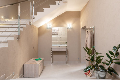 Hallway with staircase and beige walls, ideal for Dulux Easycare Matt Egyptian Cotton Washable & Tough