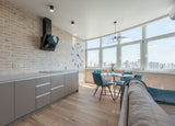 Stylish studio kitchen in a beige pastel colour scheme like Dulux Egyptian Cotton