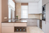 Contemporary kitchen with beige walls and light floor, similar to Dulux Egyptian Cotton