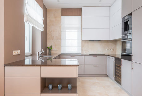 Contemporary kitchen with beige walls and light floor, similar to Dulux Egyptian Cotton